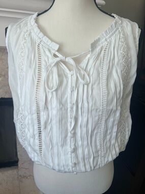 Women’s White Boho Tie-Front Pintuck Top - Size S